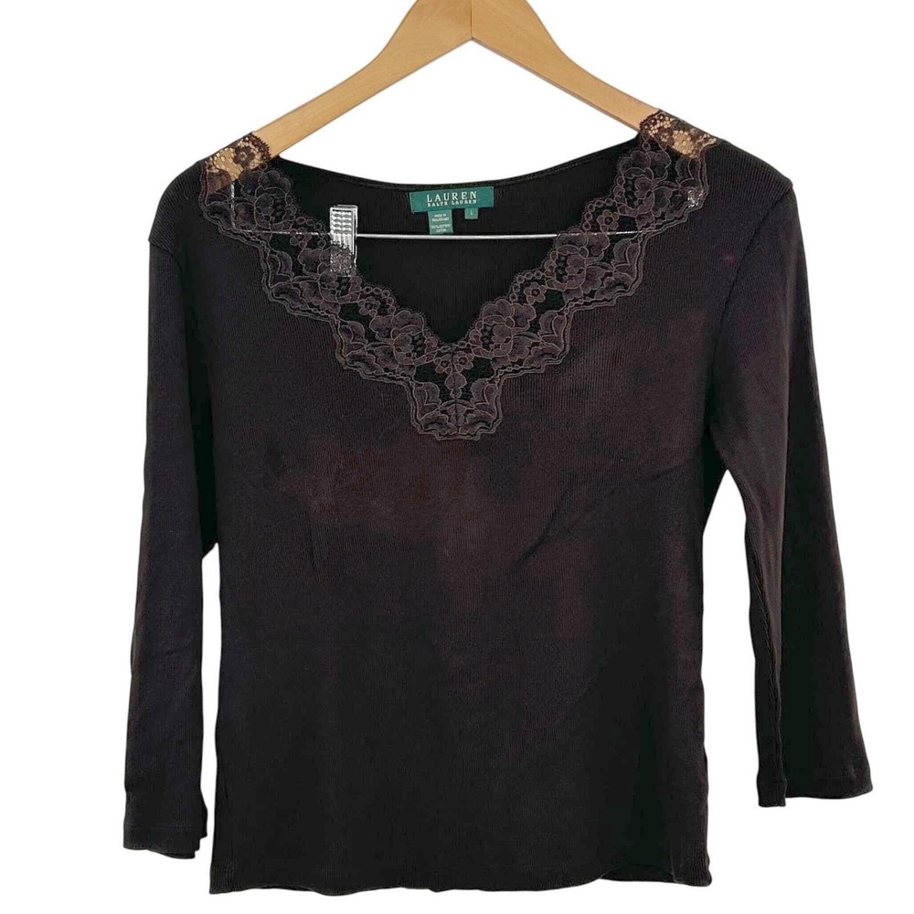 Lauren Ralph Lauren Wms Ribbed Lace V-Neck Top L Brown 3/4 Sleeve Coquette Art